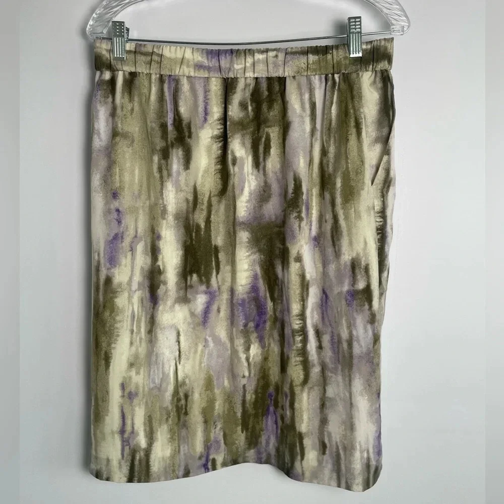 Chicos Midi Skirt Purple Green Cream Watercolor Abstract Design Size 1 (sz 8)
